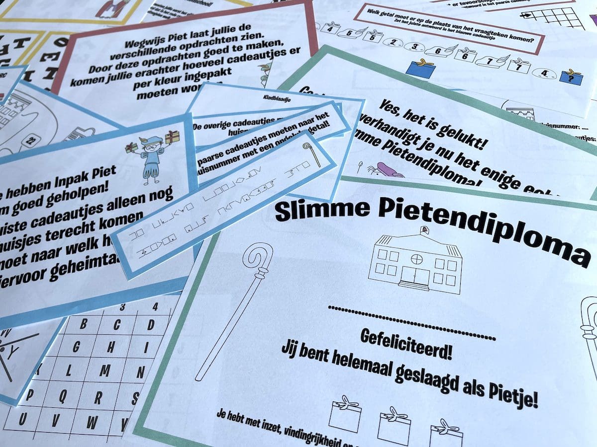 Slimme Pietendiploma met opdrachten, leuk spel om te printen